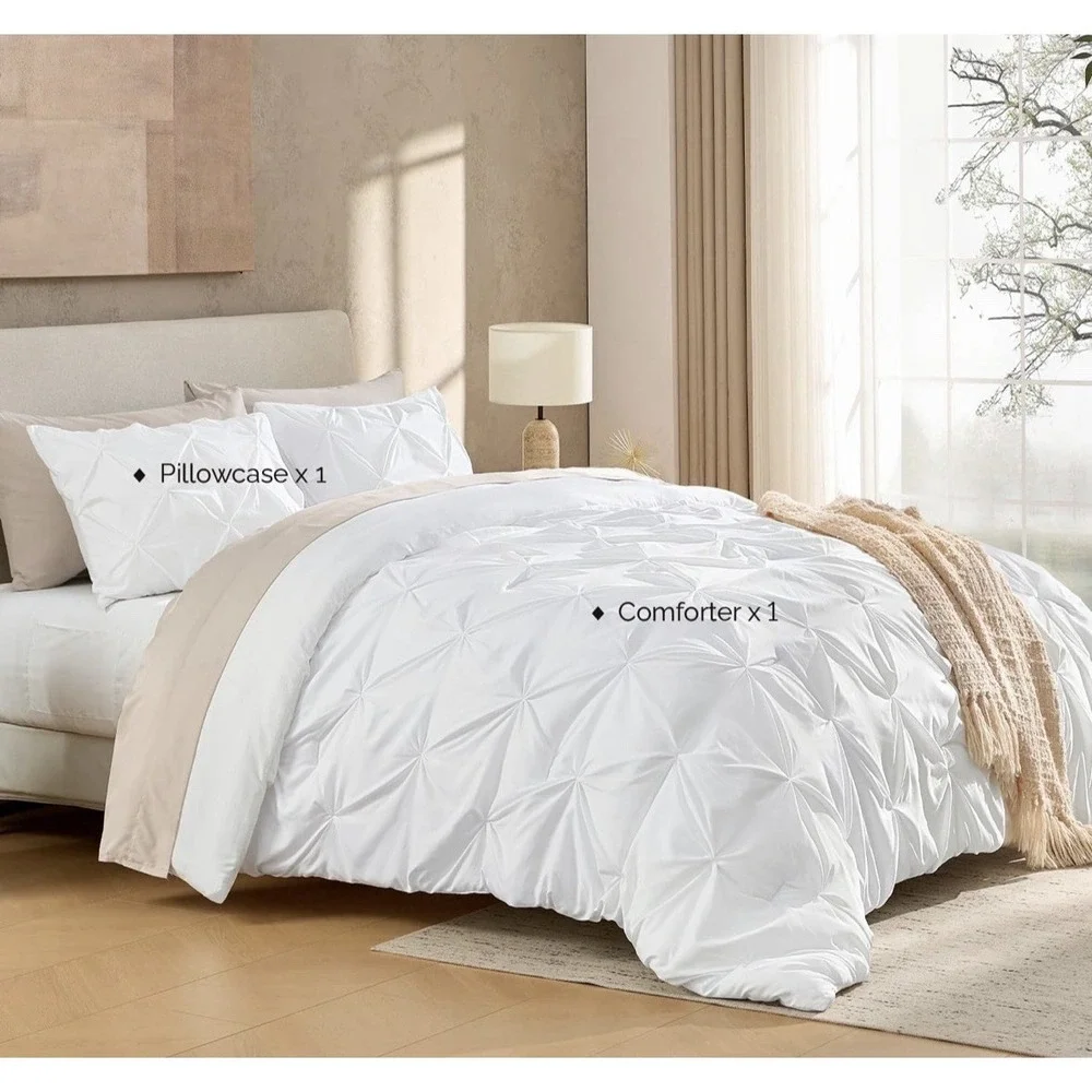 Andency White Twin Comforter Set, 2 PC Pinch Pleat Bedding, 66x90